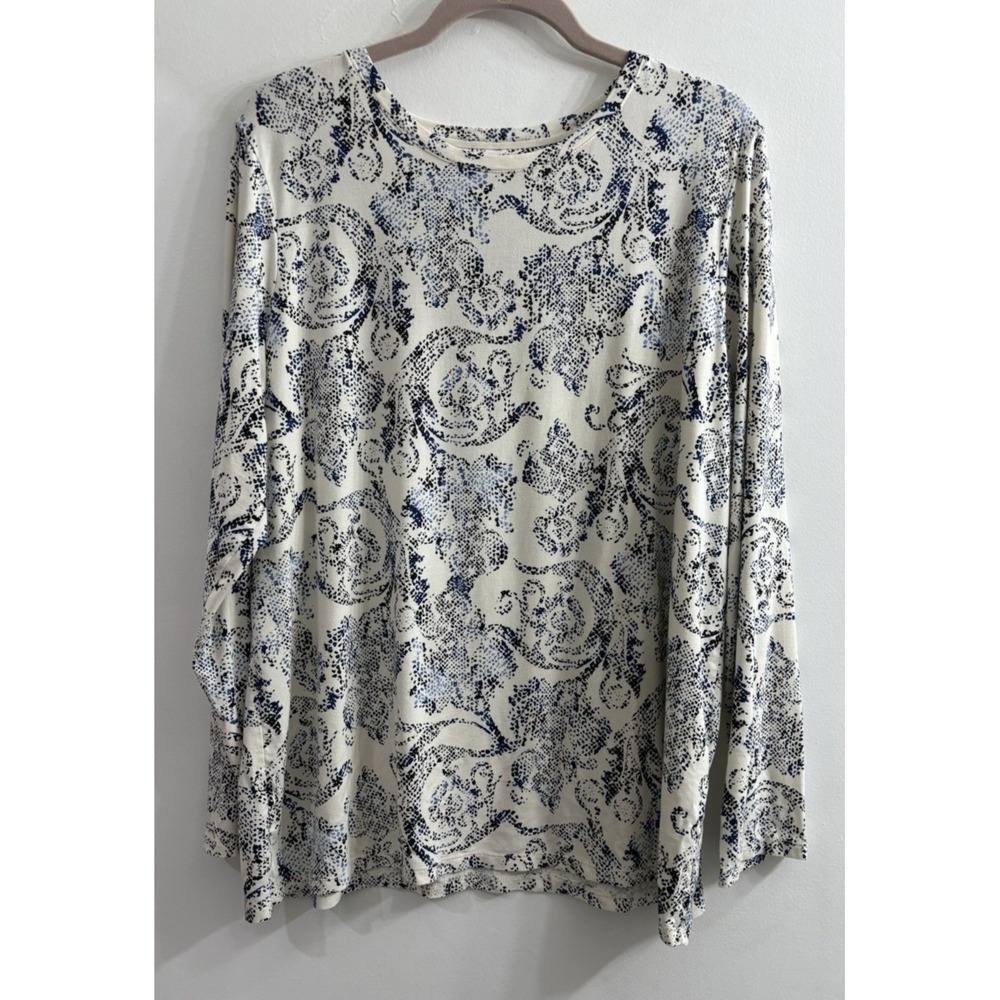 Chicos Womens XXL (4) Top Long Sleeve Ivory Blue Black Geometric Office Career
